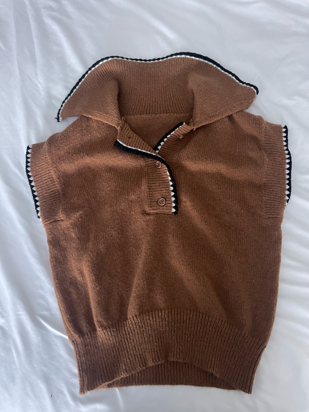 Brown Knit Polo Sweater with Contrast Trim